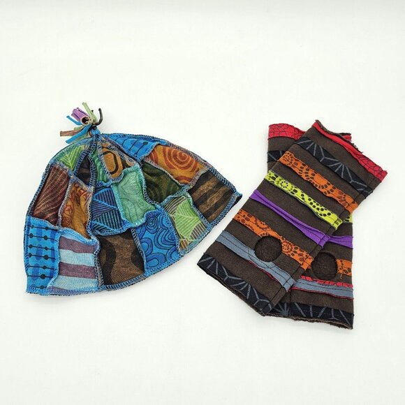 Handmade Patchwork Hobo Beanie Hat Arm Warmer Set Nepal Boho Retro Hippie Grunge main image 12